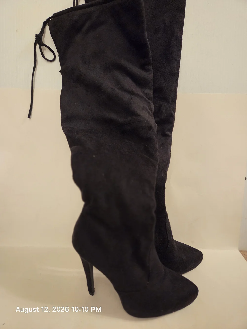 Over-the-Knee Black Suede Stiletto Boots with Back Tie